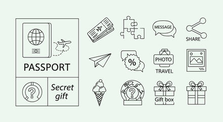 A collection of travel and leisure-themed line icons, featuring a passport with an airplane, flight tickets, puzzle pieces, a message bubble, a share icon, a paper airplane, discount tags, a photo