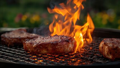 Grilled pork steak over open flame, outdoor cooking, summer barbecue feast