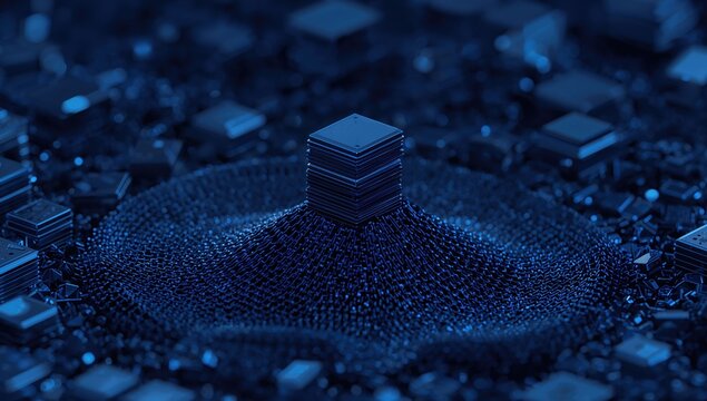 Data and knowledge accumulation visual, metallic blue blocks in ascending formation, highlighting efficiency