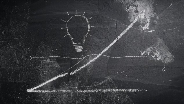 A statistical evaluation on a dark marble surface reveals a downward trend, followed by a light bulb symbolizing brainstorming