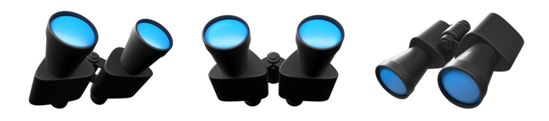Sleek black binoculars with blue lenses in various angles for visual exploration. 3d render