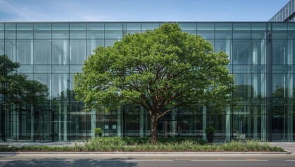 Obraz premium Eco-conscious office structure featuring sustainable glass and greenery to lower CO2 emissions