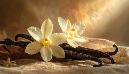 Close Up of White Vanilla Flowers with Dark Vanilla Beans on a Shiny Beige Cloth with a Warm Golden Background