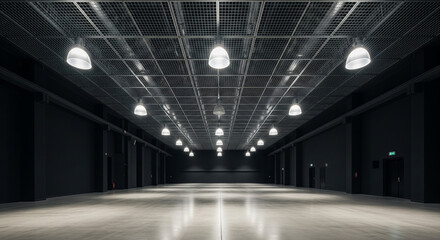 Vast, empty industrial convention hall interior illuminated by rows of ceiling lights, a modern, expansive space for events