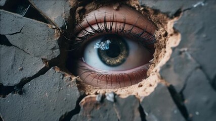 An eye is seen through a crack in the wall. This evokes themes of observation and surveillance.
