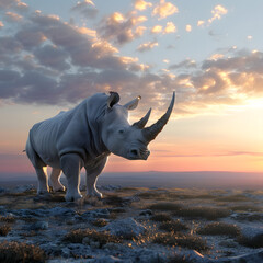 Fototapeta premium Majestic Rhino Standing Tall Against a Vibrant Sunset Sky.