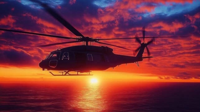 Helicopter flying over calm sea during vibrant sunset with dramatic cloud-filled sky - Powered by Adobe
