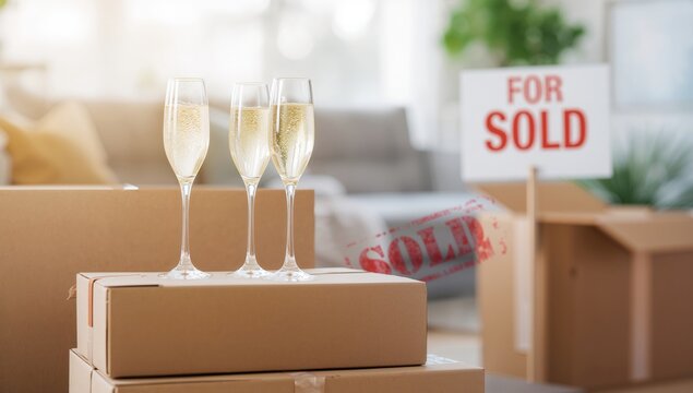 Celebration of a new home with two champagne glasses on stacked boxes, symbolizing fresh beginnings