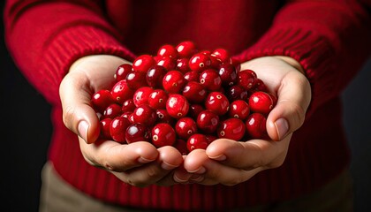Close up of Woman's Hands Holding Fresh Red Cranberries in a Red Sweater on a Dark Gray Background Showing Abundance