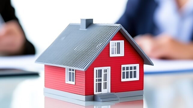 Showcasing a small house model in a busy real estate office with agents engaged in paperwork discussions
