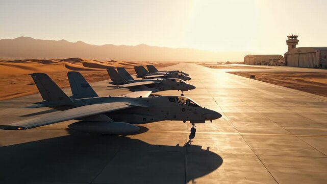 Modern fighter jets parking in a line on an airfield runway. The military air base is located in a desert with mountains at sunset