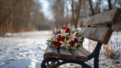 A bouquet of flowers resting on a bench in a snowy park, winter scenery, seasonal change