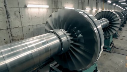 Large rotating turbine shaft assembly in industrial workshop with metallic blades and shafts - Powered by Adobe