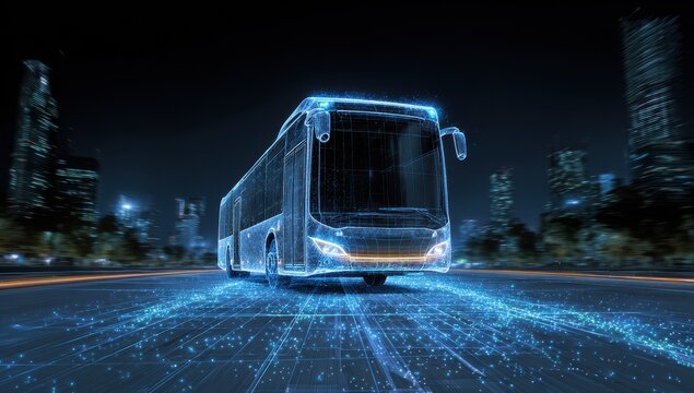 Vibrant photo of a futuristic bus driving down the road in a digital city at night