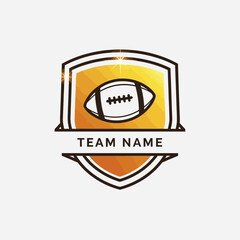 Shield-shaped football logo, gold gradient effect, editable name text, flat vector lines, elegant and easy to trace design"