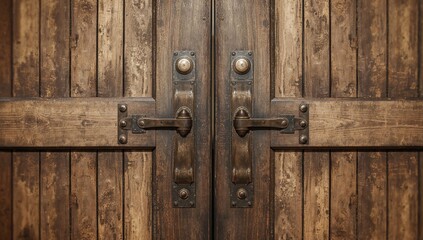 Fototapeta premium Close-up view of an aged wooden double barn door featuring metal handles and bolts, emphasizing rustic charm and durability