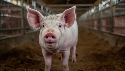 A healthy pig appears relaxed in a spacious pen at a conventional farm, showcasing animal welfare