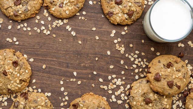Oatmeal cookies arranged on a wooden surface with milk and chocolate chips scattered around, fiber-rich choice