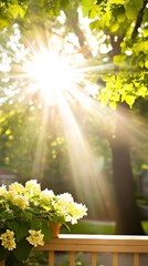 Obraz premium Sunlit balcony oasis with vibrant garden view, perfect for relaxation and summer enjoyment in an urban setting