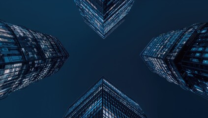 Wide-angle panoramic perspective of glass skyscrapers with a steel blue backdrop in a futuristic urban night scene, symbolizing industrial success