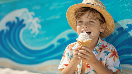Boy in straw hat eating ice cream by beach mural