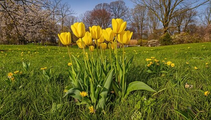Cluster of yellow tulips in a park, vibrant spring scene, seasonal change