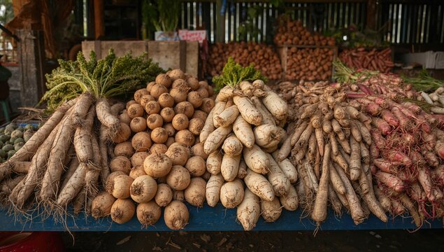 A display of yams at a vegetable stall, showcasing fresh produce, healthy eating choices