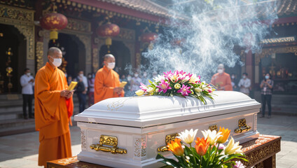 Traditional Buddhist funeral with monks and casket