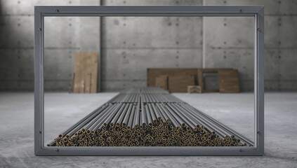 A collection of metal rods arranged in a room, focusing on industrial maintenance