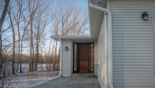 Wide-angle view of a house entrance surrounded by bare trees in a winter garden