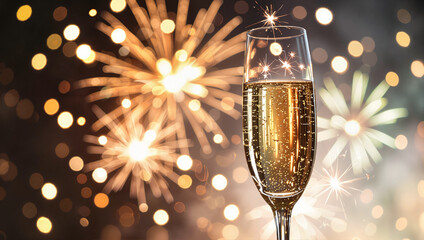 Single champagne glass with fireworks in background