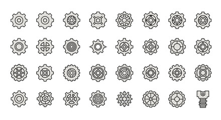 Collection of thin line cogwheel and gear icons, perfect for web sites, books, cards, and apps. This editable stroke vector cartoon illustration features a variety of mechanical components on a white