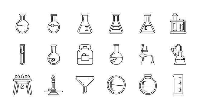 Collection of Laboratory Flask Related Line Icons: Outline Signs for Graphic and Web Design, Apps, Advertisements, Various Cards, Vector Cartoon Illustration. This set includes beakers, test tubes