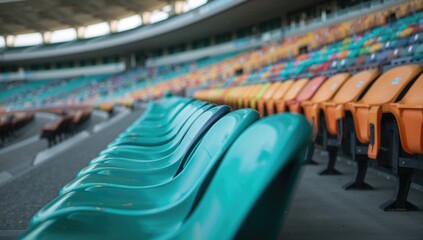 Obraz premium Close-up of colorful stadium seats, functional backdrop for sports events