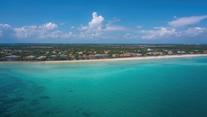 Obraz premium Overhead perspective of a seaside housing community featuring ocean vistas, seasonal change