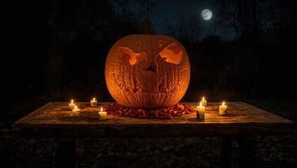 Halloween Pumpkin Resting on Wood Surface Surrounded by Candles, Evoking a Spooky Atmosphere