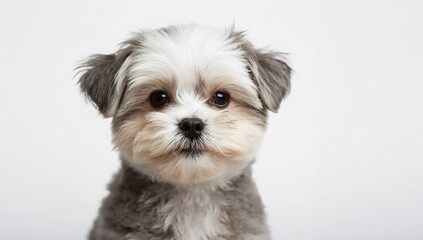 Adorable small white and grey dog on plain white backdrop, isolation theme