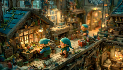 The Christmas toy factory is full of hustle and bustle as the elves race to finish making all the toys for Santa's sleigh. The air is full of excitement and anticipation, with a hint of magic in the a