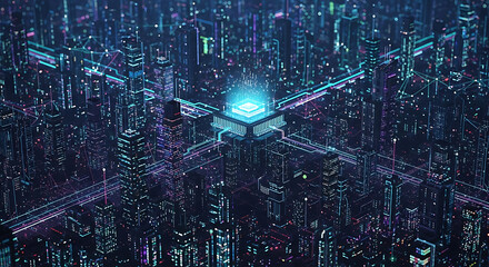 Aerial view of a futuristic city with a glowing central processor and network connections overlaying it ai generated