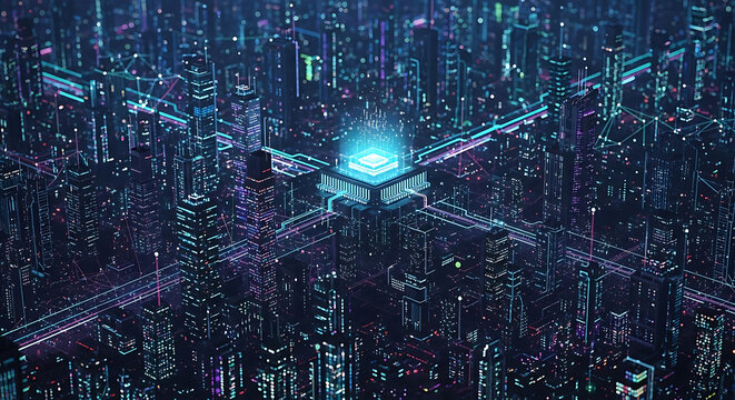 Aerial view of a futuristic city with a glowing central processor and network connections overlaying it ai generated