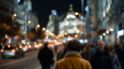 People walking on the street at night.
