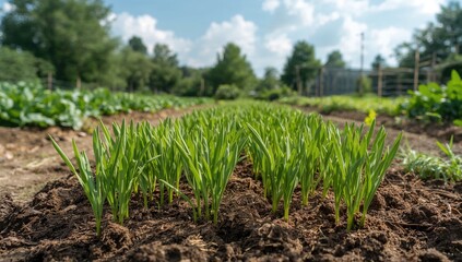 Young potato plants sprouting in neat rows, showcasing a fiber-dense choice