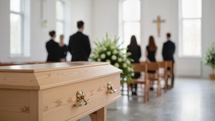 Indoor funeral ceremony with wooden casket and mourners