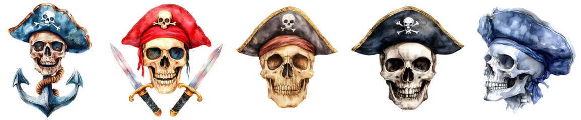 Fototapeta premium Skull pirates with hats and weapons on transparent background