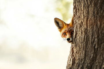 Obraz premium Generative AI image of curious wild red fox peeking from behind tree trunk in green summer forest with soft natural lighting