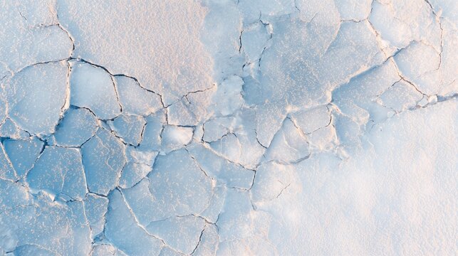 Top view of cracked ice surface with blue white tones, full frame abstract pattern