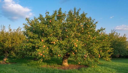 Fototapeta premium Large Peach tree abundant with fruit, beneficial for pollinators