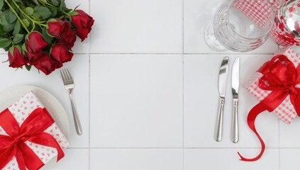 Valentine's Day table arrangement featuring a decorative plate, gift box with red ribbon, wine glass, and roses, romantic ambiance
