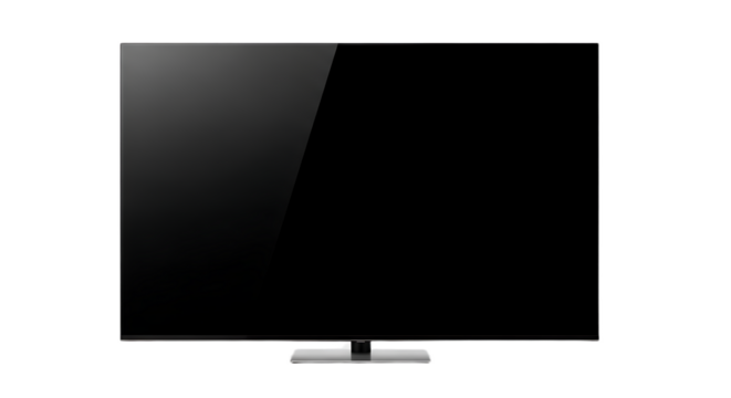 A modern flat screen television with a black screen on a silver stand against black background
