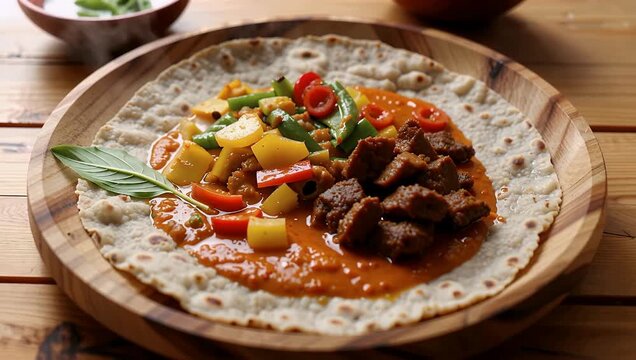 Grilled beef and vegetable wrap on tortilla with sauce on wooden serving board